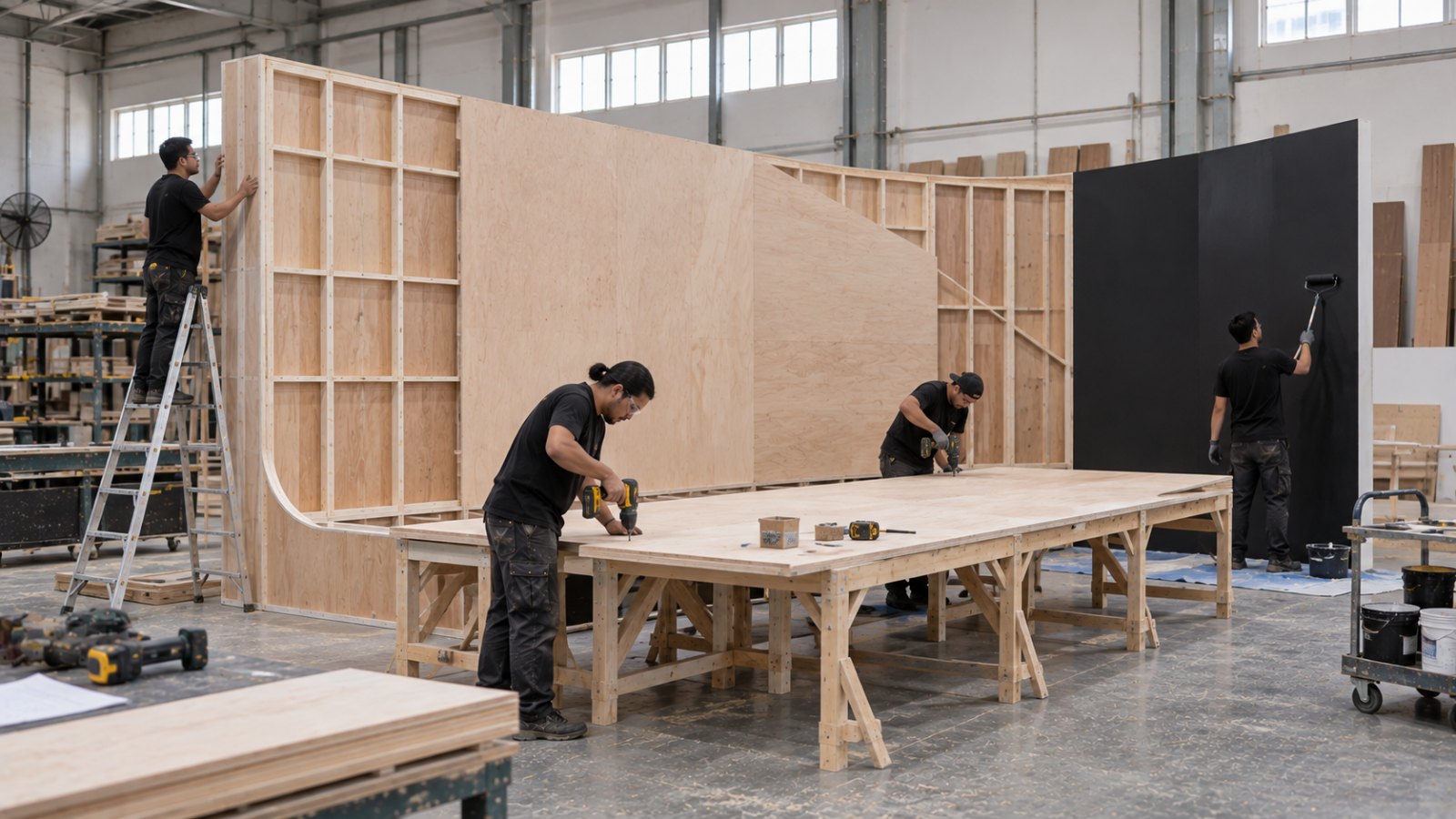 Stage backdrop fabrication — crew assembling and painting a large event backdrop panel
