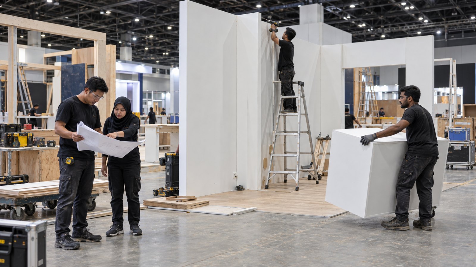 Exhibition booth fabrication Malaysia — crew building a custom wooden booth at an expo hall