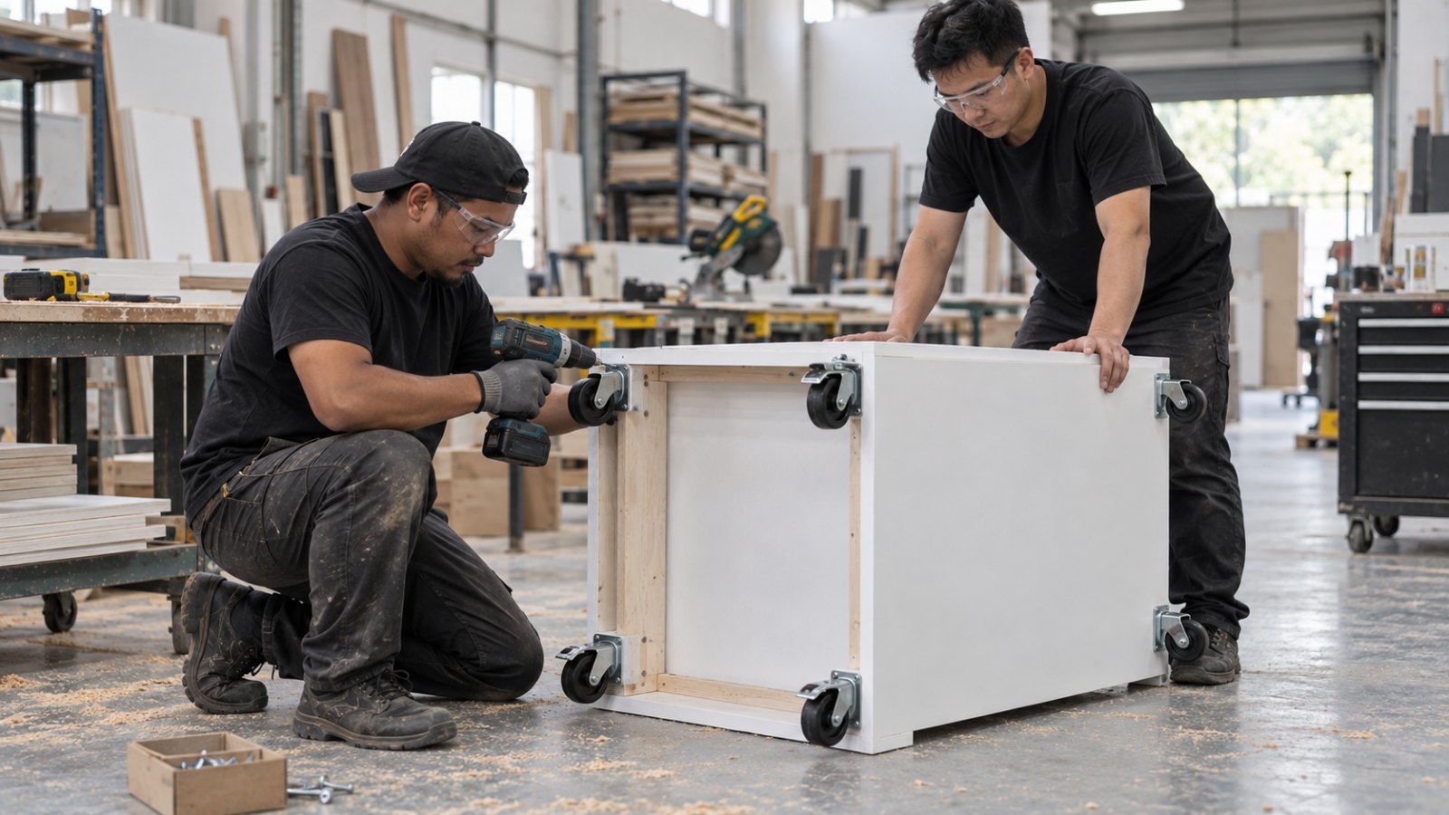Wooden promotion cart fabrication — carpenter fitting lockable castor wheels to a white wooden cart