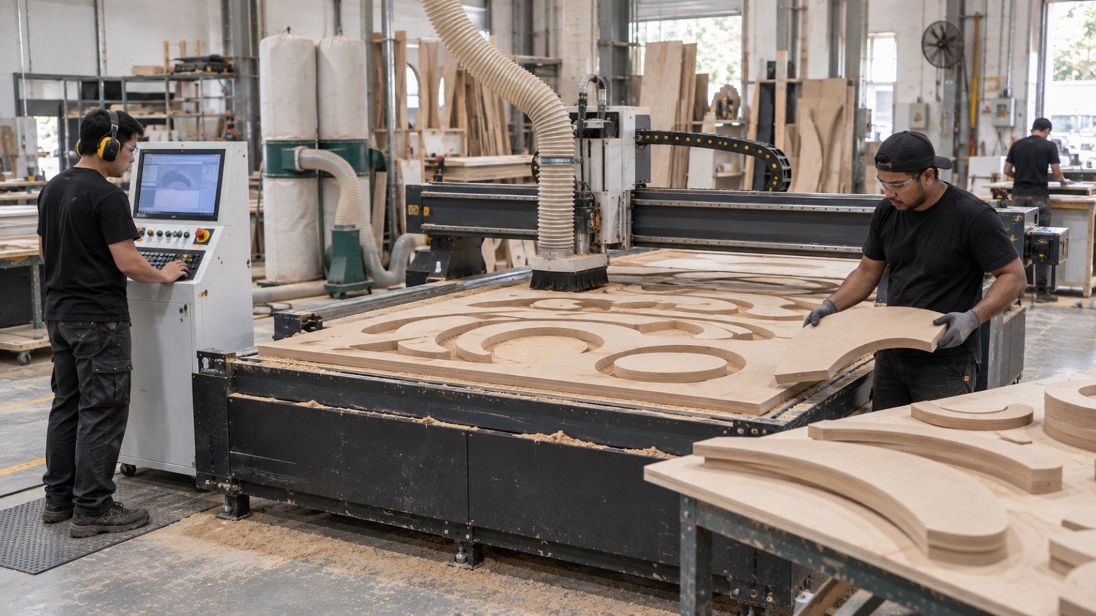 CNC cutting MDF panels for 3D signage and event props in a Malaysian workshop
