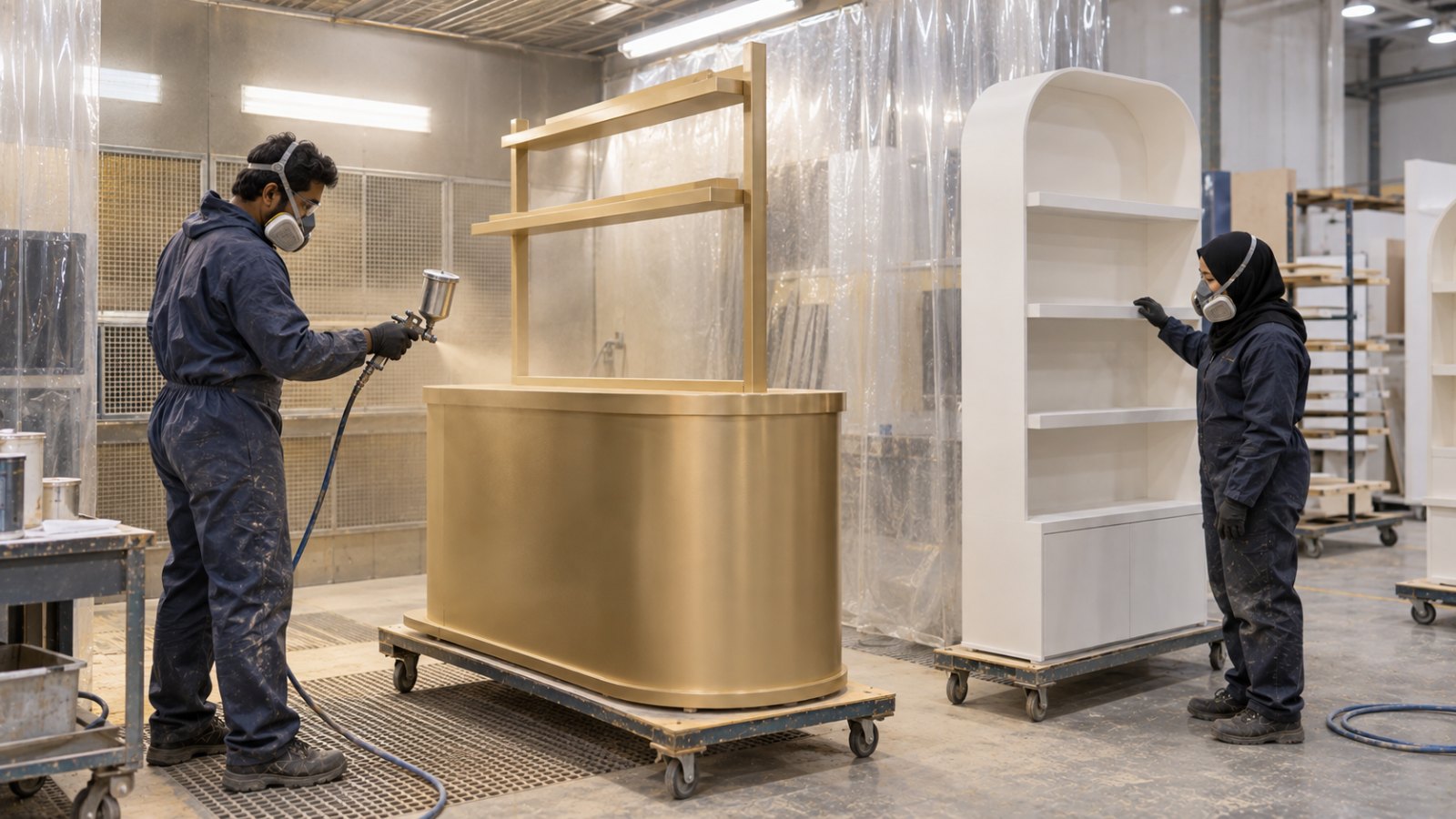 Spray finishing a retail display counter — POSM fabrication Malaysia