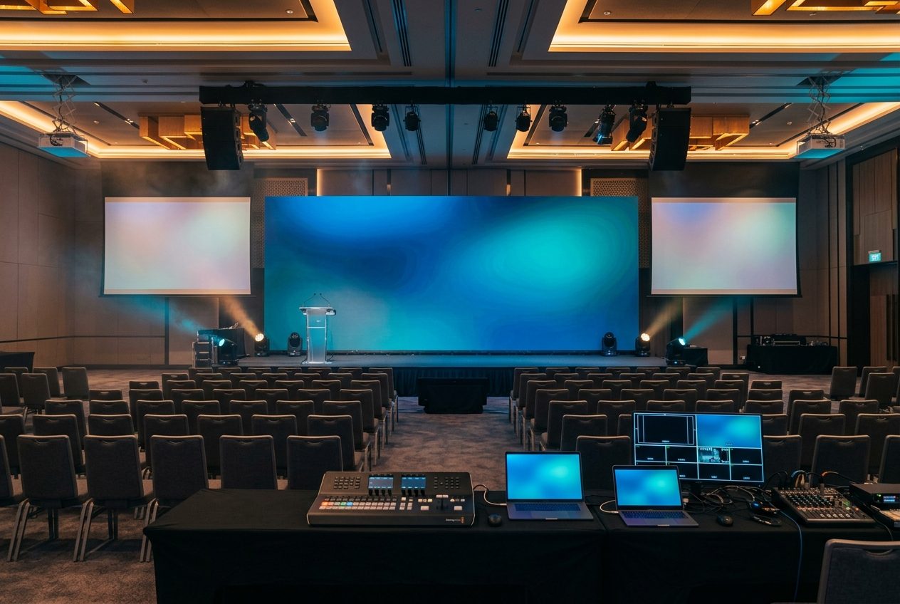 Audio-visual system rental Malaysia — LED video wall and projection screens set up for a corporate conference in a Kuala Lumpur ballroom