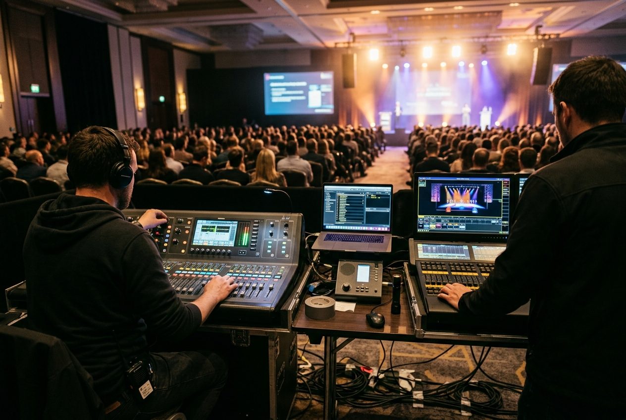 VC Events AV crew operating audio and lighting consoles at front of house during a corporate event in Kuala Lumpur