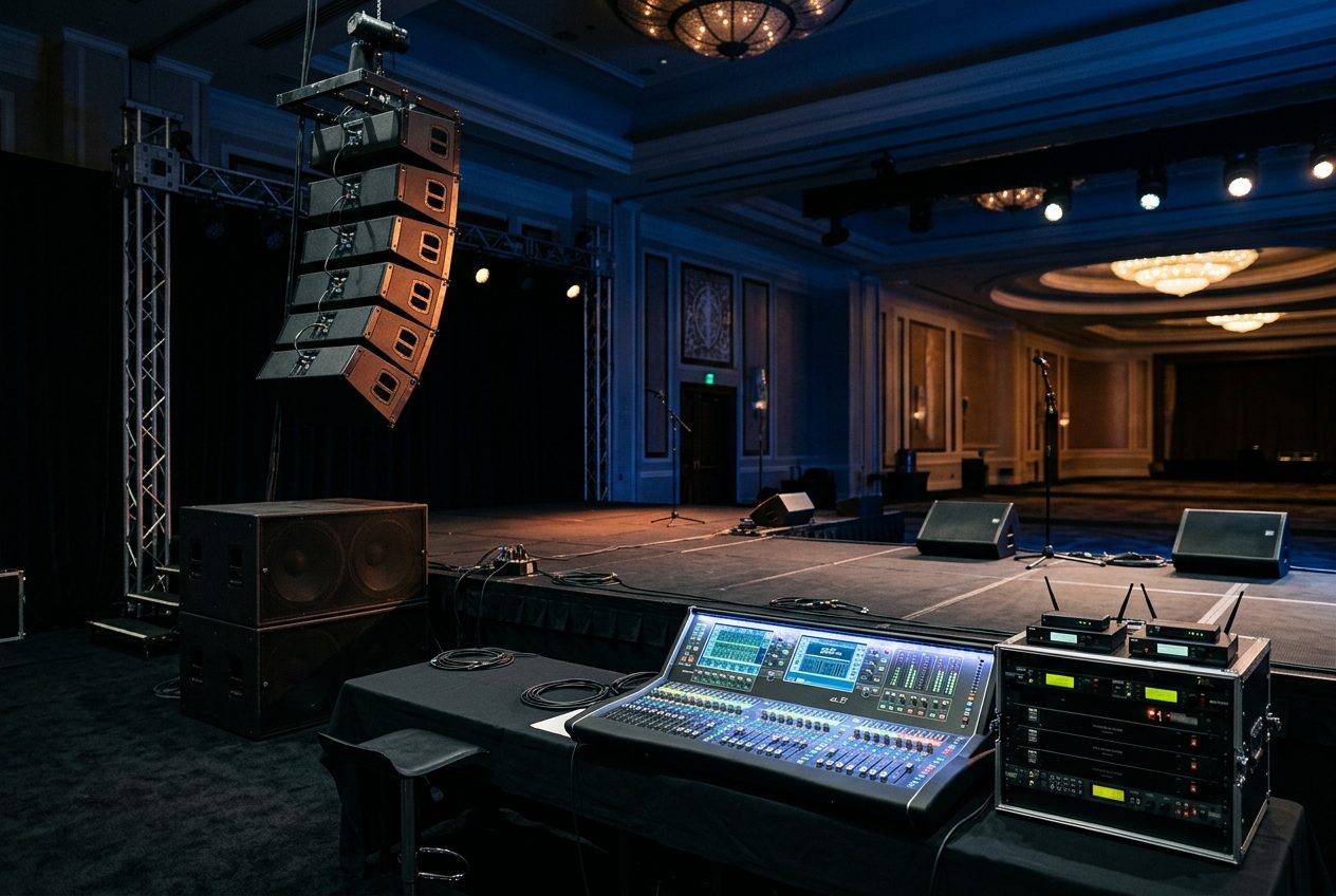 PA system rental Kuala Lumpur — flown line array, subwoofers and digital mixing console in a hotel ballroom