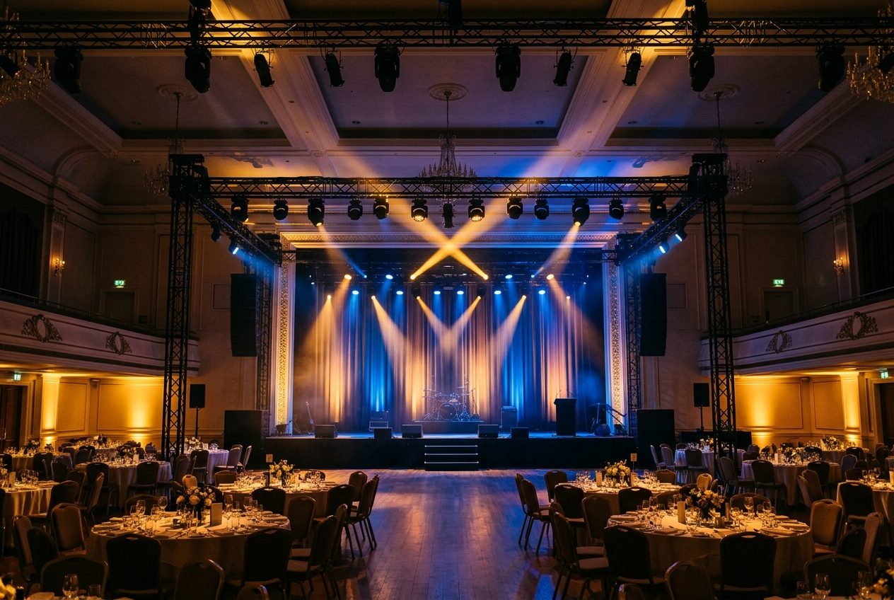 Sound and light rental Malaysia — truss rig with LED moving heads and wireless uplighting at a gala dinner